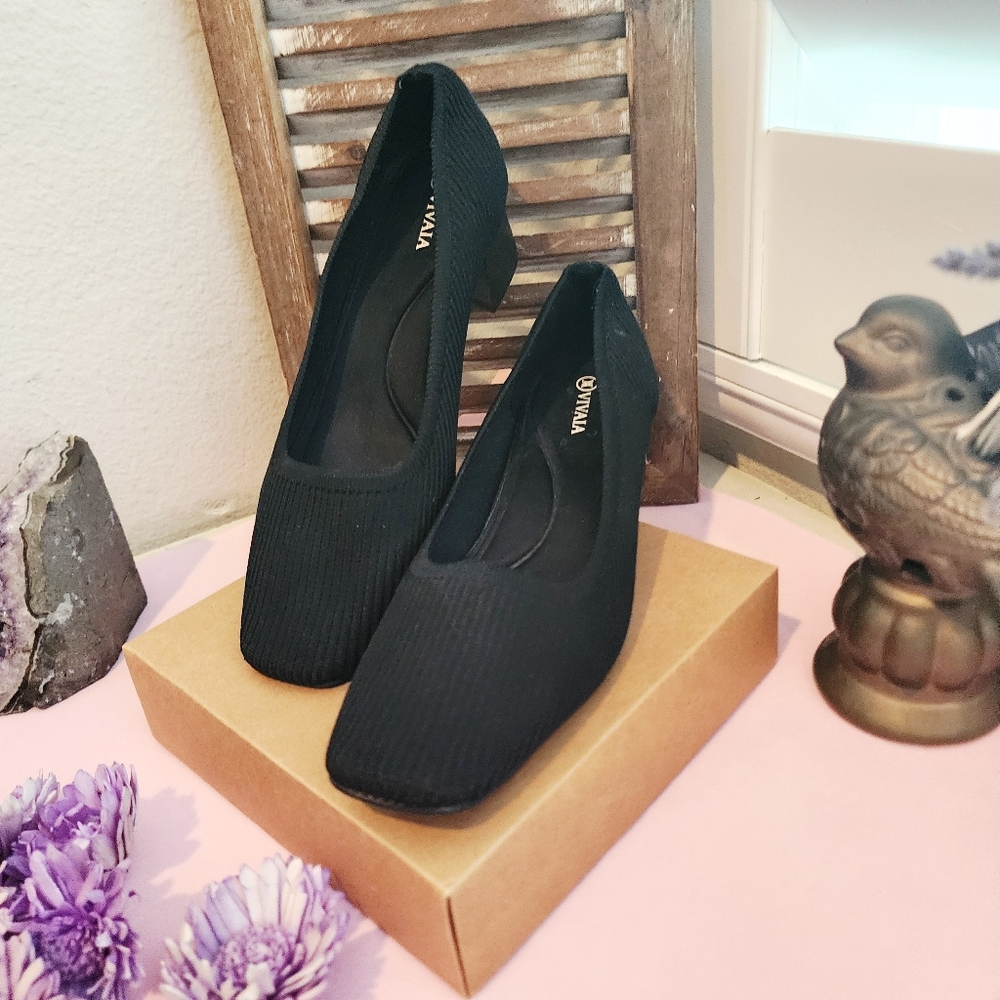 VIVAIA MELODY PUMPS BLACK KNIT FABRIC SQUARE TOE CHINKY BLOCK HEEL SIZE 39 - Picture 11 of 13